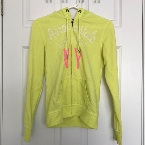 Y2K Aeropostale Zip Up Hoodie Sweater S Highlighter Neon Yellow Pink - Picture 1 of 3